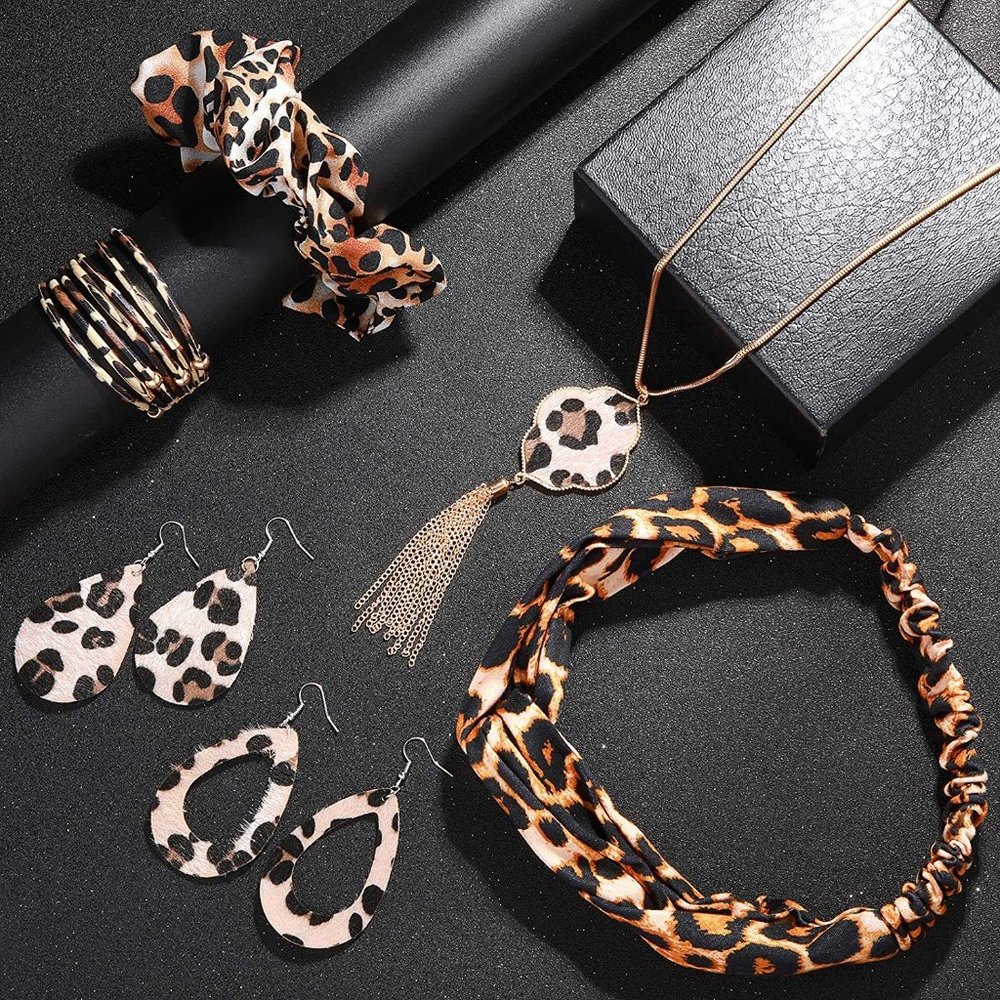 New Leopard Print Jewelry Set Leopard Bracelet Faux Leather Dangle Earri…